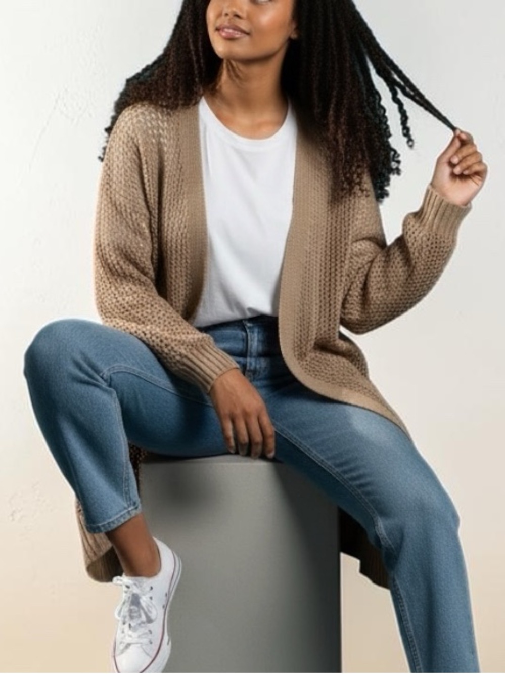 DIP Open-Weave crochet knit Long Cardigan Sweater in Beige/Tan
